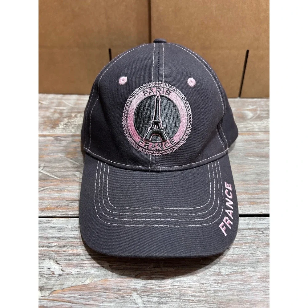 Paris France Eiffel Tower Baseball Cap Pink Charcoal Cotton Adjustable Hat